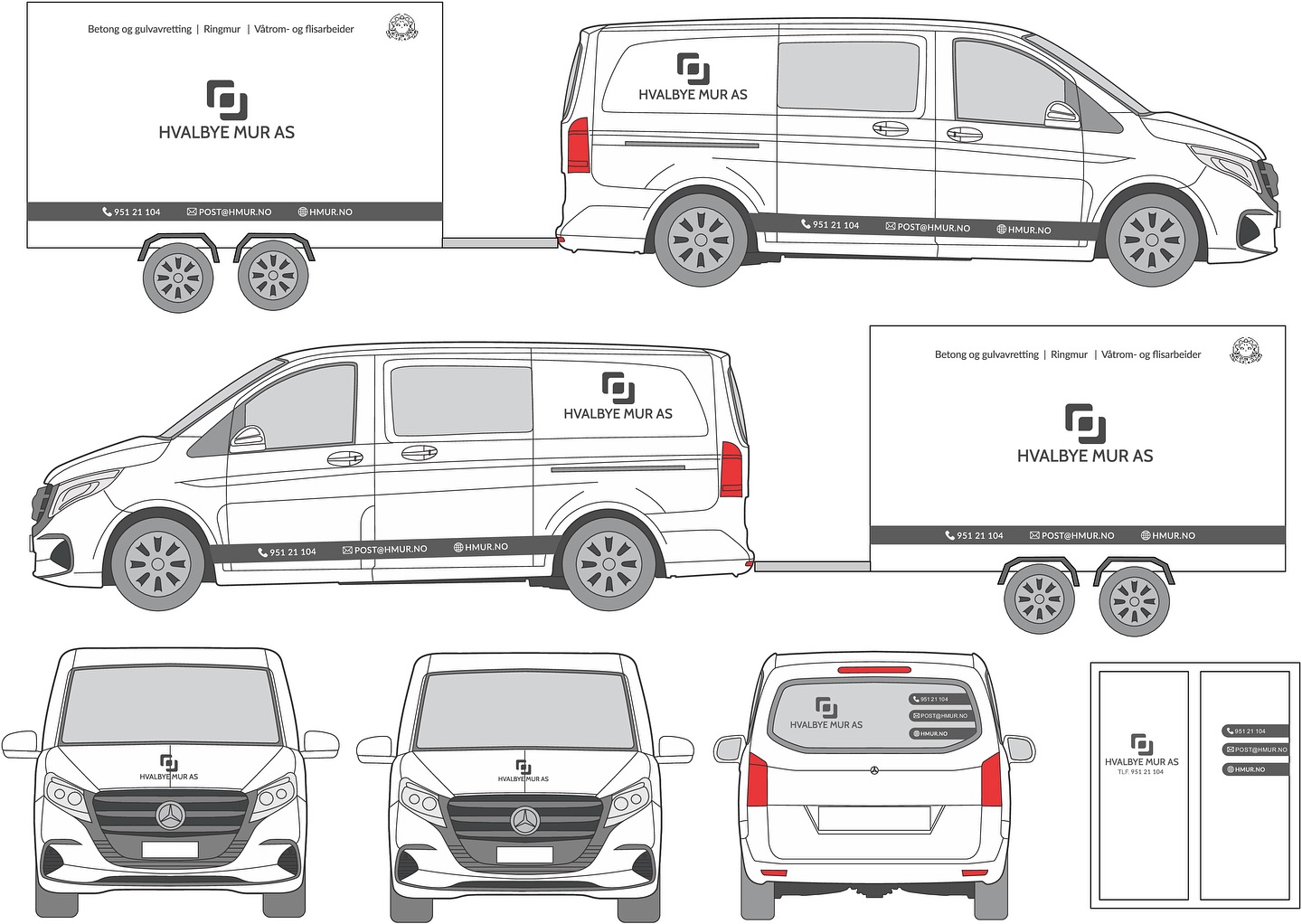 Designmockup som viser bildekor fra alle vinkler for Hvalbye Mur AS